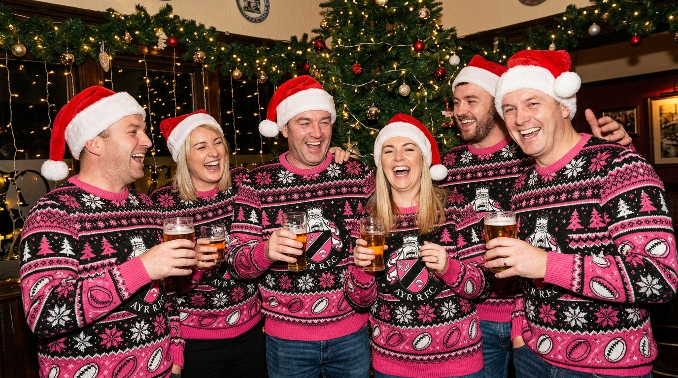 Group celebrating in custom branded Christmas jumpers